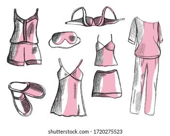 A sketch of domestic women's clothing, scribbled in black and white, is drawn casually with a pink fill. Drawing of fashionable home linen. A lot of vector objects.