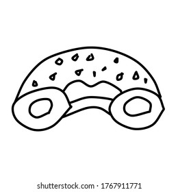 A sketch of Donut with a mouth bite. Vector illustration in the Doodle style. Linear drawing of a delicious doughnut isolated on a white background.
