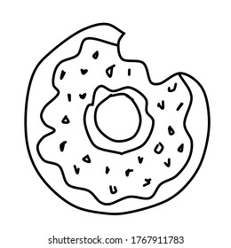 A sketch of Donut with a mouth bite. Vector illustration in the Doodle style. Linear drawing of a delicious doughnut isolated on a white background.