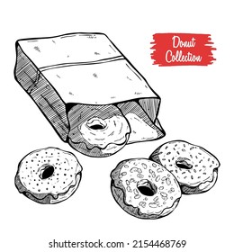 Sketch of donuts glazed topped with sprinkles lying in paper bag and isolated on white background. Tasty fried dough confectionery or dessert
