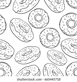 sketch donuts in seamless pattern on white background