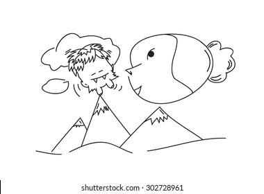 sketch doodle animal on mountain and cloud 