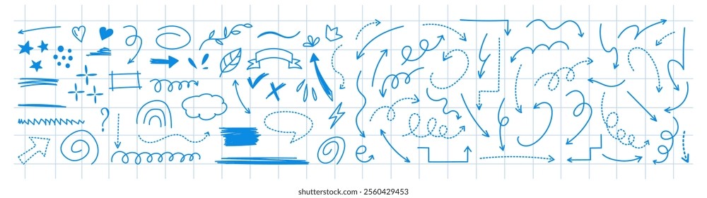 Sketch doodle arrows and symbols on blue checkered background
