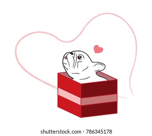 Sketch doodle art of cute french bulldog that sit in box to beg for love with heart bubble vector