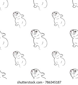 Sketch doodle art of cute french bulldog sit on floor. Seamless pattern white background vector