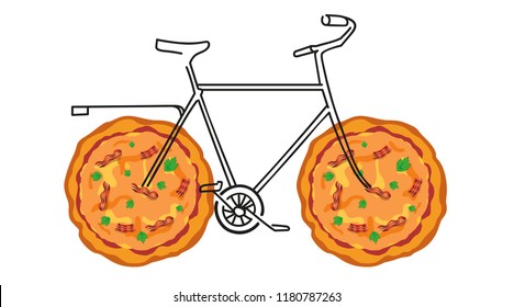 Sketch doodle bicycle with ruddy pizza( bacon, parsley, cheese and tomato sauce) wheels. Vector isolated illustration.