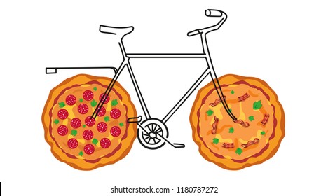 Sketch doodle bicycle with ruddy pizza( pepperoni, bacon, parsley, cheese and tomato sauce) wheels. Vector isolated illustration.