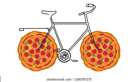 Sketch doodle bicycle with ruddy pizza( pepperoni, parsley, cheese and tomato sauce) wheels. Vector isolated illustration.