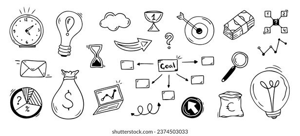 Sketch doodle business elements, financial hand drawn icons. Vector growth success concept