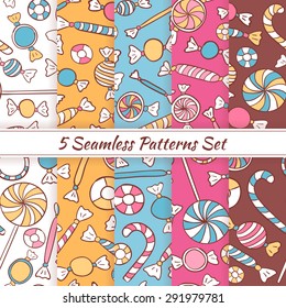 Sketch Doodle Candies Sweets Seamless Patterns Set. Vector 5 Seamless Colorful Pattern Backgrounds. Hand Drawn Cafe, Shop, Food and Restaurant Dessert Templates.