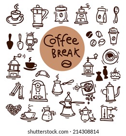 Sketch doodle coffee icon set. Hand drawn vector illustrations. Menu design elements