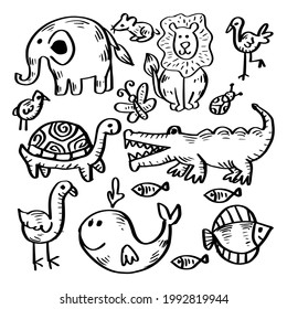 Sketch doodle cute animal set