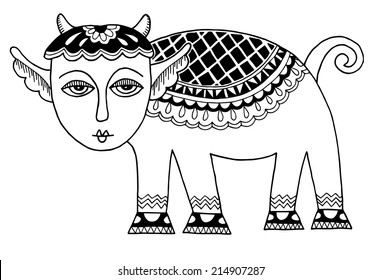 sketch doodle drawing of goat or sheep, chinese lunar symbol 2015 year, black and white