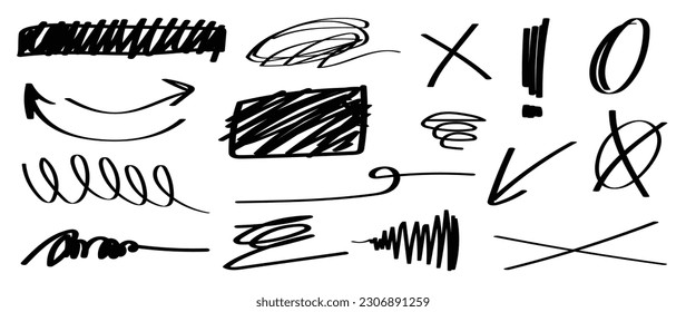 Sketch doodle element vector. Hand drawn arrow, scribble, circle, oval, underline, navigation, dotted and curvy lines. Abstract line illustration collection design for cover, banner, graffiti, art.