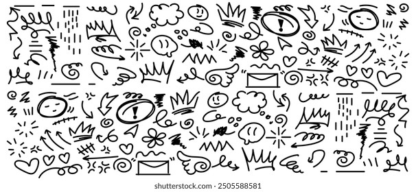 Sketch doodle element vector. Hand drawn arrow, scribble, circle, crown, bone, speech bubble, curvy line. Abstract line illustration collection design for cover, banner, graffiti, art.