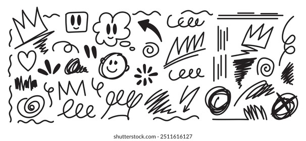 Sketch doodle element vector. Hand drawn arrow, scribble, circle, crown, bone, speech bubble, curvy line. Abstract line illustration collection design for cover, banner, graffiti, art