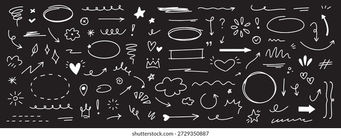 Sketch doodle elements collection. Hand drawn arrows, hearts, stars, speech bubbles and scribbles. Simple collection design elements isolated on black background.