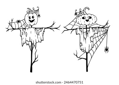 Sketch, doodle of a garden scarecrow with a carved pumpkin head, with a cobweb and spiders. Vector graphics.