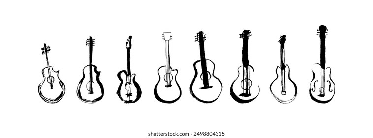 Sketch doodle guitar. Collection of different sketches of electric guitars. Music Illustration 