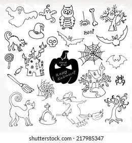 Sketch doodle Halloween icon set. Hand draw vector illustration