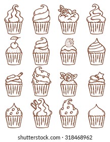 Sketch doodle hand drawn style cupcakes set. Sweet beautiful cakes desserts vector illustration.