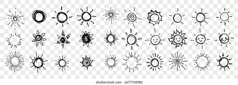 Sketch, doodle, hand drawn sun, stars set collection. Pen, pencil, ink hand drawn sun icons. Sketch of different form star symbols isolated on transparent background. Vector illustration