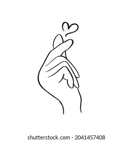 Sketch doodle of hand showing heart with fingers gesture mini love. Hand drawn vector line art illustration. Love Valentine Day concept.