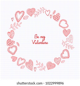 Sketch Doodle hearts frame on the checkered notebook sheet. Happy valentines day card. Vector illustration.