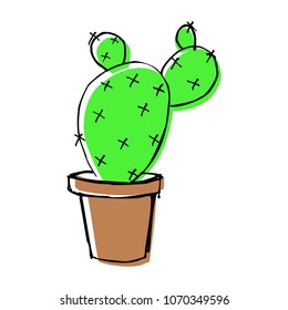sketch doodle home green cactus in brown pot, flat cartoon colors, stock vector illustration