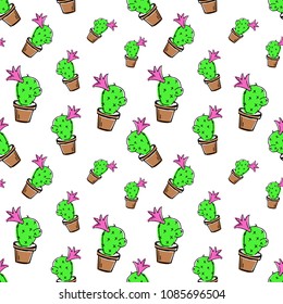sketch doodle home green cactus in brown pot, seamless pattern isolated on white background, flat cartoon colors, stock vector illustration