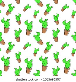 sketch doodle home green cactus in brown pot, seamless pattern isolated on white background, flat cartoon colors, stock vector illustration