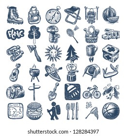 sketch doodle icon collection, picnic, travel and camping theme