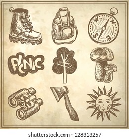 sketch doodle icon collection, picnic, travel and camping theme on grunge background