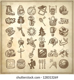 Sketch Doodle Icon Collection, Picnic, Travel And Camping Theme On Grunge Background