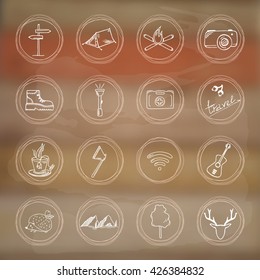 Sketch doodle icon collection, picnic, travel and camping theme on a blurred background