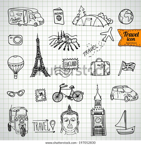 sketch doodle icon collection,\
picnic, travel and camping theme, vector illustration hand\
drawn