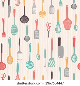 Sketch doodle illustration of kitchen tools, ware, accessories,  appliances, equipment, utensils, such as knives, forks, spoons, brush,  chopper, peeler, whisk,  seamless pattern