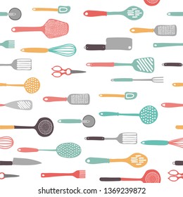 Sketch doodle illustration of kitchen tools, ware, accessories,  appliances, equipment, utensils, such as knives, forks, spoons, brush,  chopper, peeler, whisk,  seamless pattern