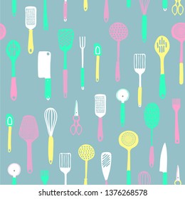 Sketch doodle illustration of kitchen tools, ware, accessories,  appliances, equipment, utensils, such as knives, forks, spoons, brush,  chopper, peeler, whisk,  seamless pattern