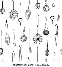 Sketch doodle illustration of kitchen tools, ware, accessories,  appliances, equipment, utensils, such as knives, forks, spoons, brush,  chopper, peeler, whisk,  seamless pattern