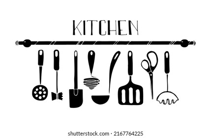 Sketch doodle of the kitchen, front view. Vector black silhouette illustration.