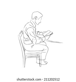 Sketch Doodle man sitting at the table on a chair and reading a book.