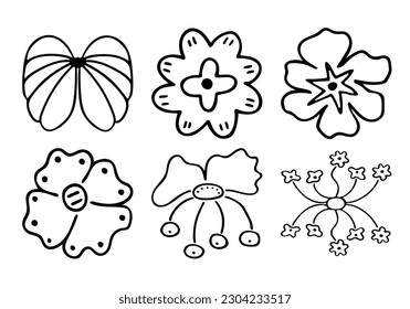 Sketch doodle outline flowers. Hand drawn drawing of plant buds during flowering. Petal silhouettes. Isolated vector.