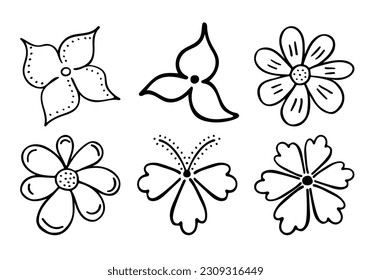 Sketch-Doodle umreißt Blumen. Handgezeichnete Zeichnung von Pflanzenknospen während der Blüte. Petalsilhouetten. Einziger Vektor.