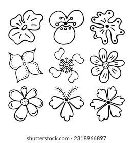 Sketch doodle outline flowers. Hand drawn drawing of plant buds during flowering. Petal silhouettes. Isolated vector.