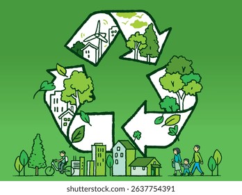 Sketch doodle recycle reuse reduce symbol with living environment. Recycle icon sign for ecological. Hand-drawn style vector 