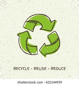 Sketch doodle recycle reuse symbol isolated on craft paper background. Recycle sign for ecological design zero waste lifestyle. Hand drawn vector recycle icon. 