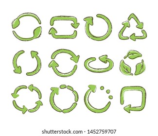 Sketch doodle recycle reuse symbols. Signs for ecological design zero waste lifestyle. Hand drawn vector  icons.