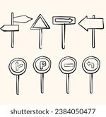 Sketch doodle of Road signs. A set of simple sketches of arrows. Up, down, left, right. Doodle style line art