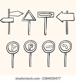 Sketch doodle der Straßenschilder. Eine Reihe einfacher Pfeilskizzen. Nach oben, unten, links, rechts. Doodle Style Line Art